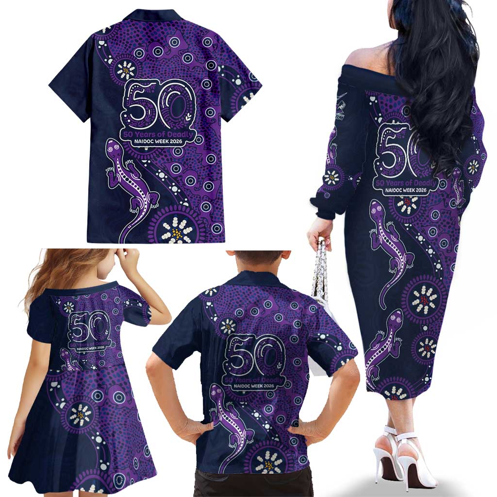 Melbourne Storm NAIDOC Week 2026 Family Matching Off The Shoulder Long Sleeve Dress and Hawaiian Shirt Aboriginal Lizard Dot Painting - 50 Years of Deadly