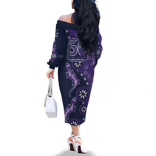 Melbourne Storm NAIDOC Week 2026 Family Matching Off The Shoulder Long Sleeve Dress and Hawaiian Shirt Aboriginal Lizard Dot Painting - 50 Years of Deadly