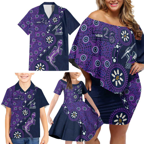 Melbourne Storm NAIDOC Week 2026 Family Matching Off Shoulder Short Dress and Hawaiian Shirt Aboriginal Lizard Dot Painting - 50 Years of Deadly