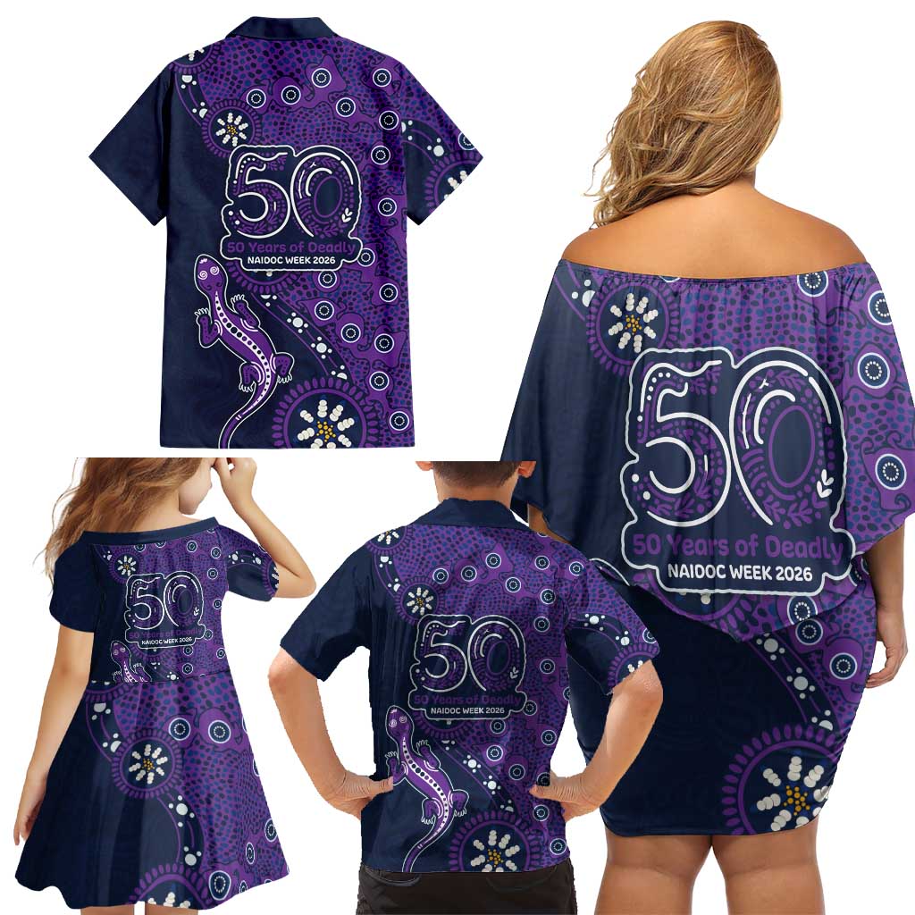 Melbourne Storm NAIDOC Week 2026 Family Matching Off Shoulder Short Dress and Hawaiian Shirt Aboriginal Lizard Dot Painting - 50 Years of Deadly
