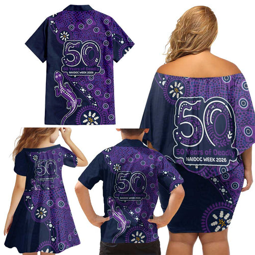 Melbourne Storm NAIDOC Week 2026 Family Matching Off Shoulder Short Dress and Hawaiian Shirt Aboriginal Lizard Dot Painting - 50 Years of Deadly