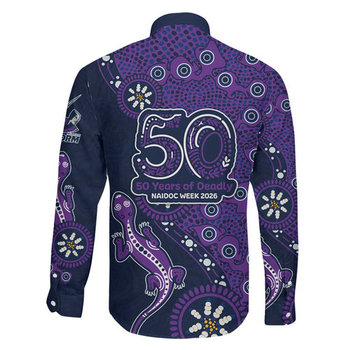 Melbourne Storm NAIDOC Week 2026 Family Matching Off Shoulder Short Dress and Hawaiian Shirt Aboriginal Lizard Dot Painting - 50 Years of Deadly
