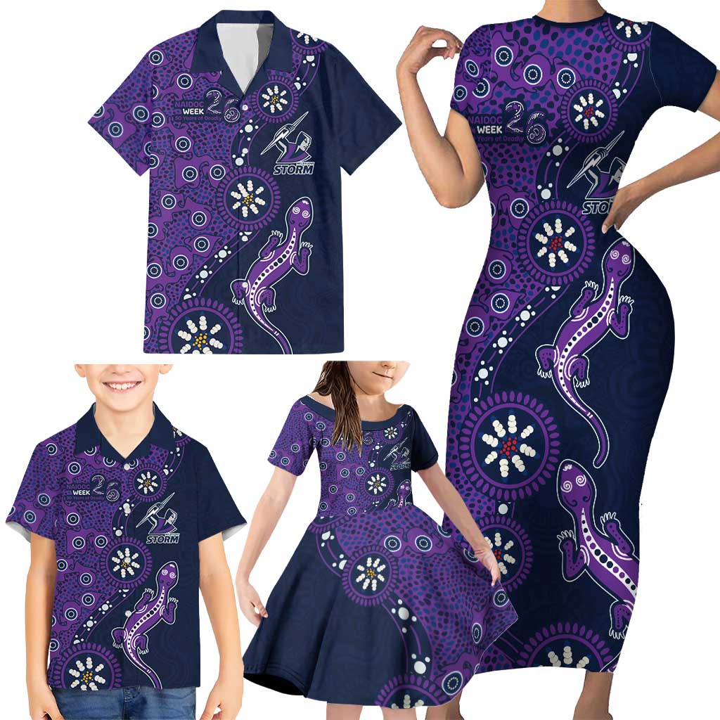 Melbourne Storm NAIDOC Week 2026 Family Matching Short Sleeve Bodycon Dress and Hawaiian Shirt Aboriginal Lizard Dot Painting - 50 Years of Deadly