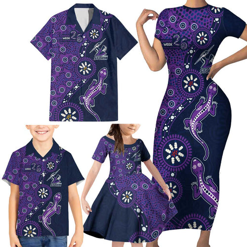 Melbourne Storm NAIDOC Week 2026 Family Matching Short Sleeve Bodycon Dress and Hawaiian Shirt Aboriginal Lizard Dot Painting - 50 Years of Deadly