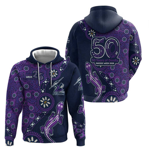 Melbourne Storm NAIDOC Week 2026 Hoodie Aboriginal Lizard Dot Painting - 50 Years of Deadly