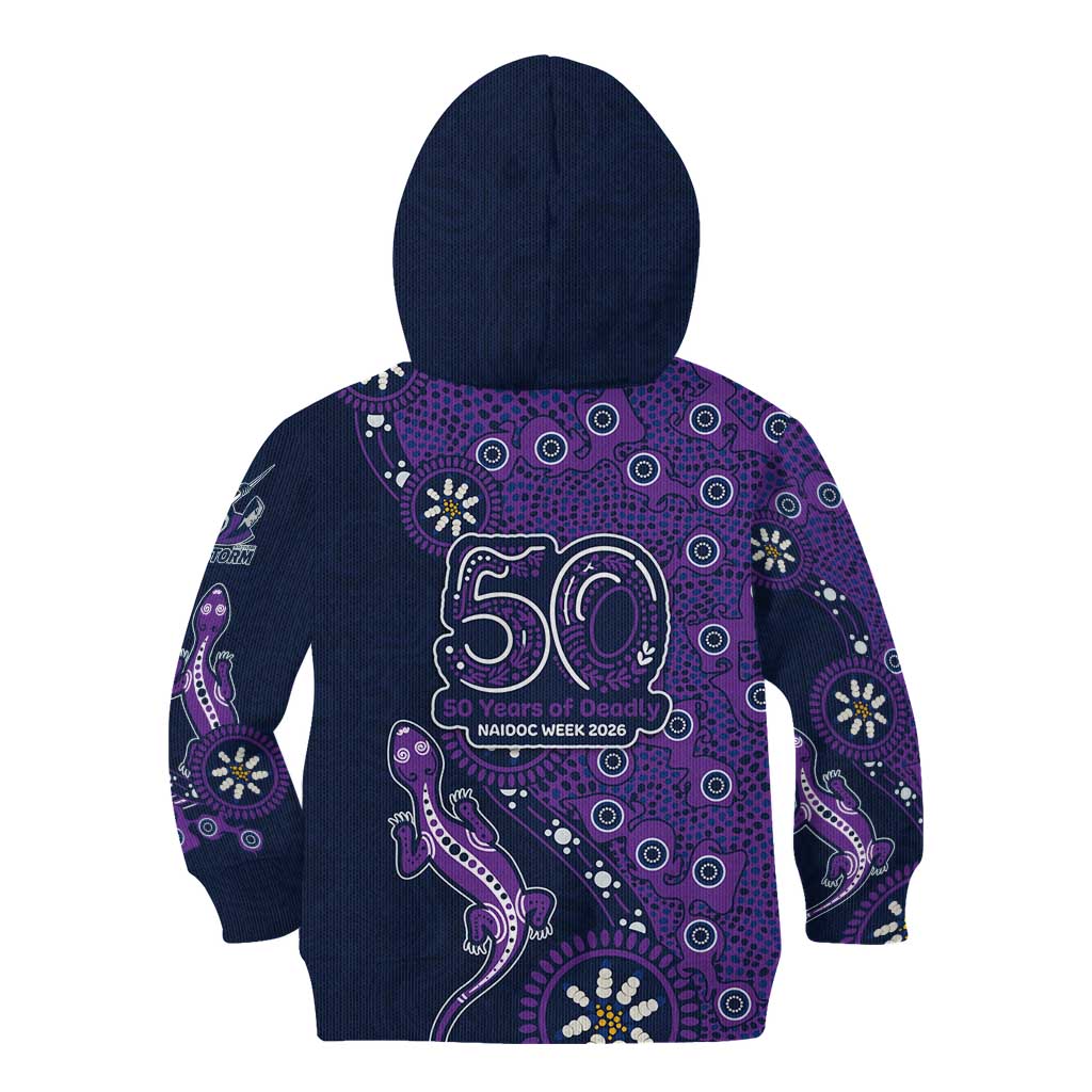 Melbourne Storm NAIDOC Week 2026 Kid Hoodie Aboriginal Lizard Dot Painting - 50 Years of Deadly