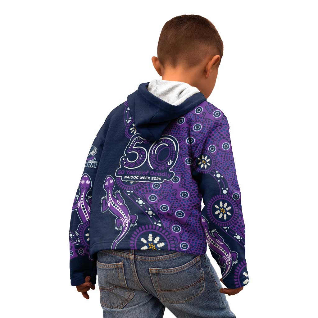 Melbourne Storm NAIDOC Week 2026 Kid Hoodie Aboriginal Lizard Dot Painting - 50 Years of Deadly