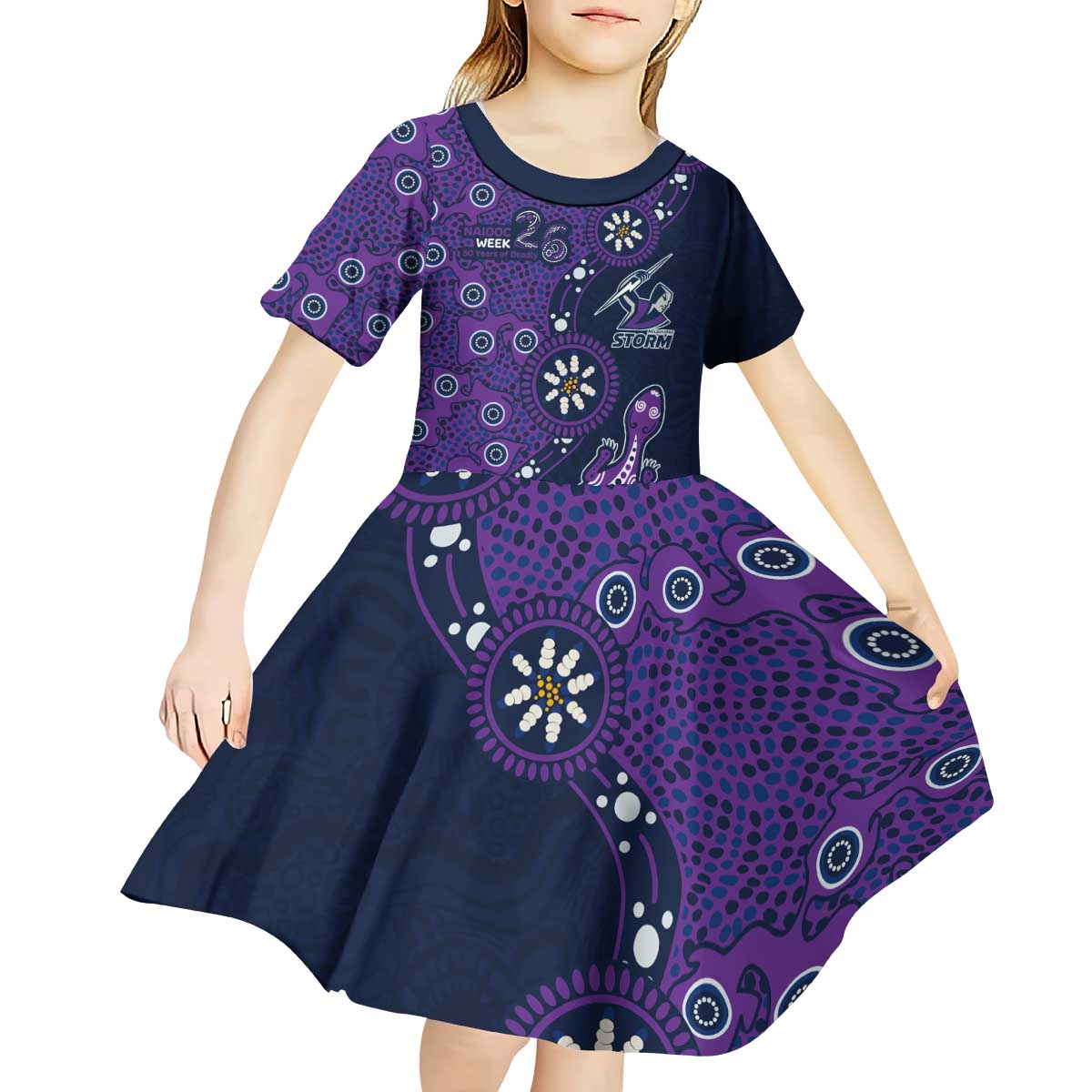 Melbourne Storm NAIDOC Week 2026 Kid Short Sleeve Dress Aboriginal Lizard Dot Painting - 50 Years of Deadly