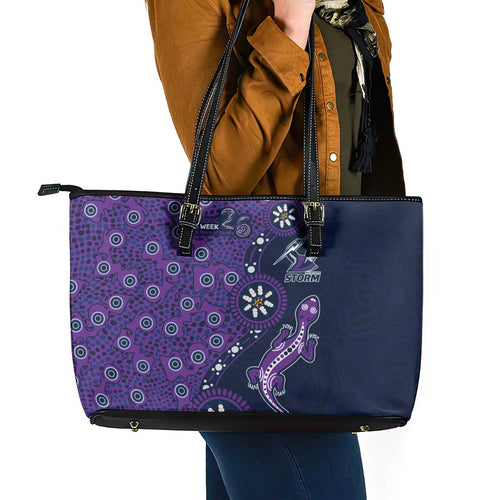 Melbourne Storm NAIDOC Week 2026 Leather Tote Bag Aboriginal Lizard Dot Painting - 50 Years of Deadly