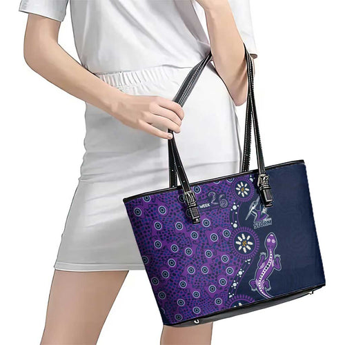 Melbourne Storm NAIDOC Week 2026 Leather Tote Bag Aboriginal Lizard Dot Painting - 50 Years of Deadly