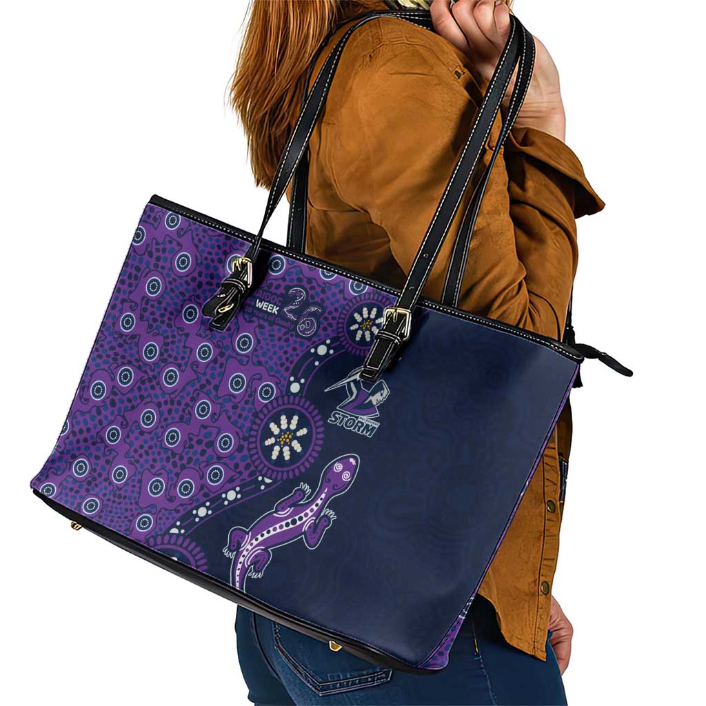 Melbourne Storm NAIDOC Week 2026 Leather Tote Bag Aboriginal Lizard Dot Painting - 50 Years of Deadly