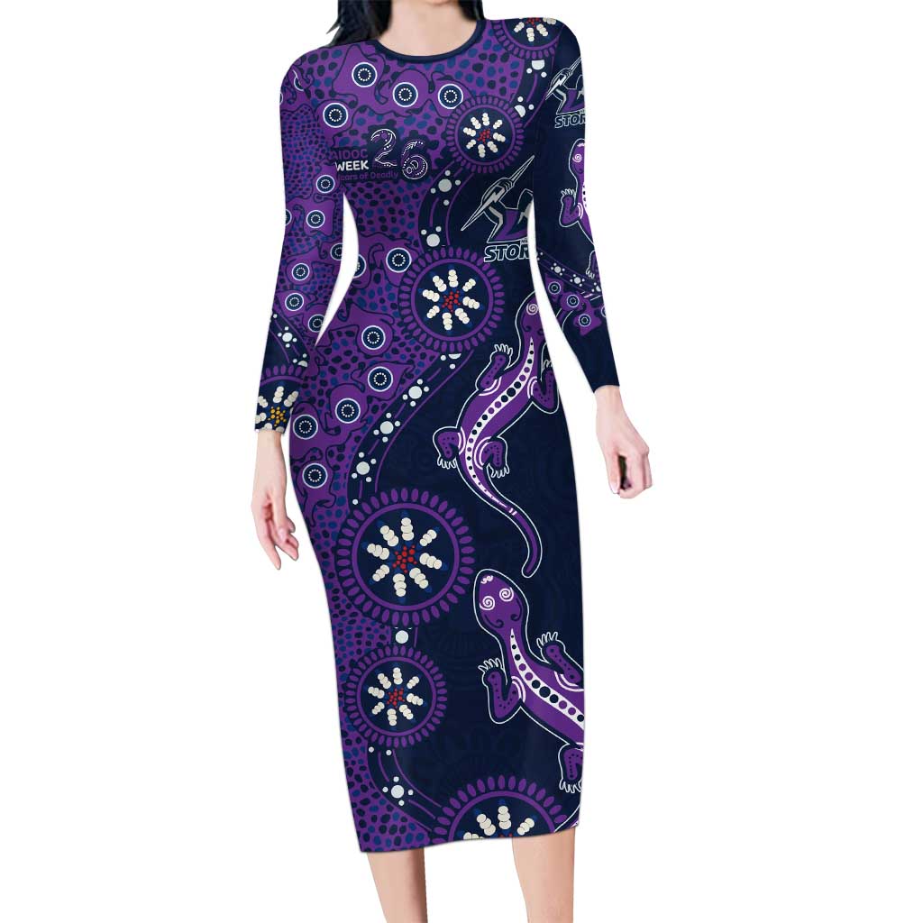 Melbourne Storm NAIDOC Week 2026 Long Sleeve Bodycon Dress Aboriginal Lizard Dot Painting - 50 Years of Deadly