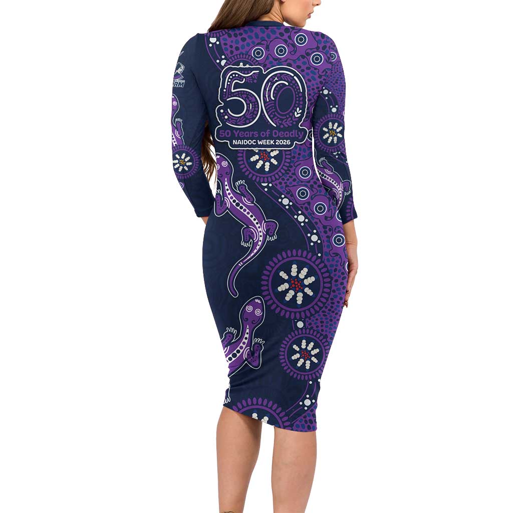 Melbourne Storm NAIDOC Week 2026 Long Sleeve Bodycon Dress Aboriginal Lizard Dot Painting - 50 Years of Deadly
