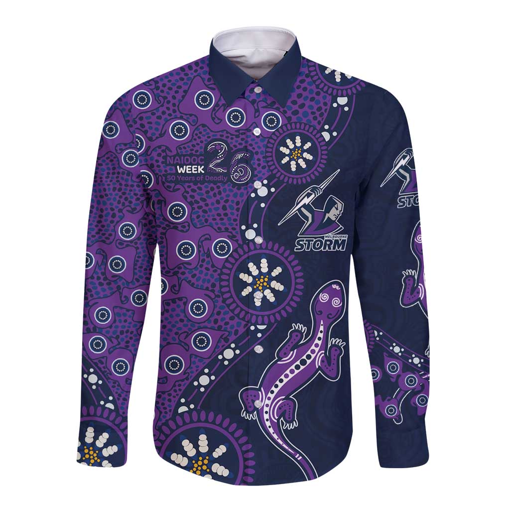 Melbourne Storm NAIDOC Week 2026 Long Sleeve Button Shirt Aboriginal Lizard Dot Painting - 50 Years of Deadly