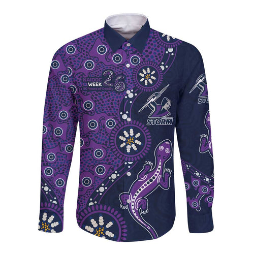 Melbourne Storm NAIDOC Week 2026 Long Sleeve Button Shirt Aboriginal Lizard Dot Painting - 50 Years of Deadly