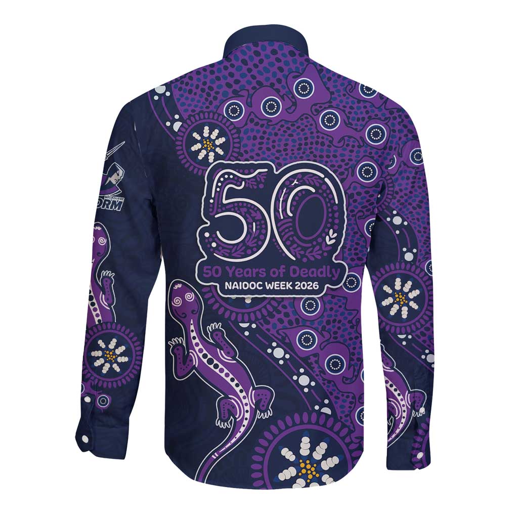 Melbourne Storm NAIDOC Week 2026 Long Sleeve Button Shirt Aboriginal Lizard Dot Painting - 50 Years of Deadly