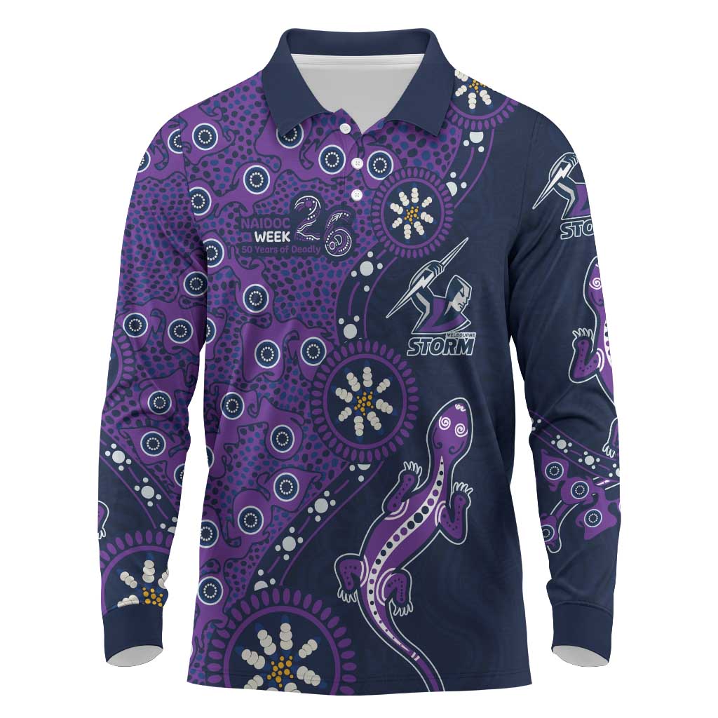 Melbourne Storm NAIDOC Week 2026 Long Sleeve Polo Shirt Aboriginal Lizard Dot Painting - 50 Years of Deadly