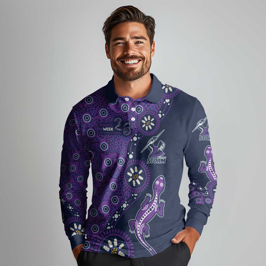 Melbourne Storm NAIDOC Week 2026 Long Sleeve Polo Shirt Aboriginal Lizard Dot Painting - 50 Years of Deadly