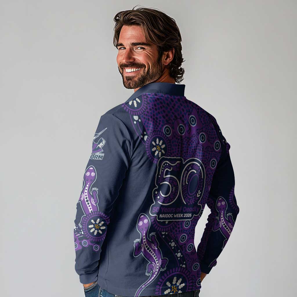 Melbourne Storm NAIDOC Week 2026 Long Sleeve Polo Shirt Aboriginal Lizard Dot Painting - 50 Years of Deadly