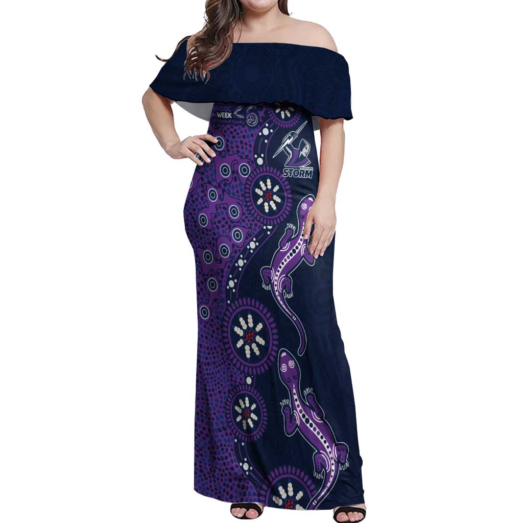 Melbourne Storm NAIDOC Week 2026 Off Shoulder Maxi Dress Aboriginal Lizard Dot Painting - 50 Years of Deadly