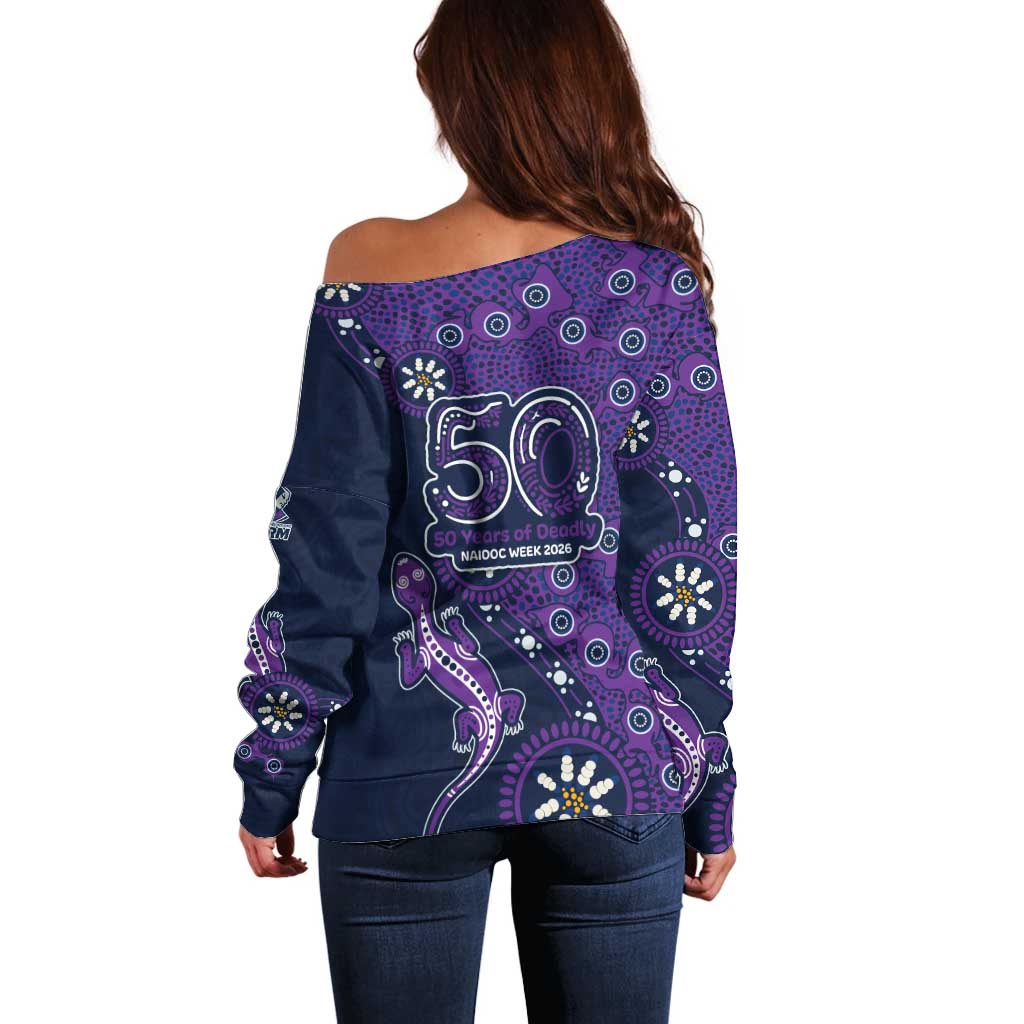 Melbourne Storm NAIDOC Week 2026 Off Shoulder Sweater Aboriginal Lizard Dot Painting - 50 Years of Deadly