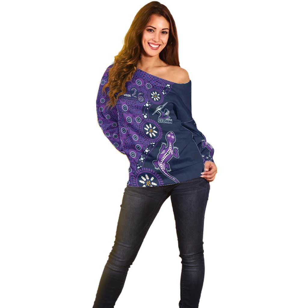 Melbourne Storm NAIDOC Week 2026 Off Shoulder Sweater Aboriginal Lizard Dot Painting - 50 Years of Deadly