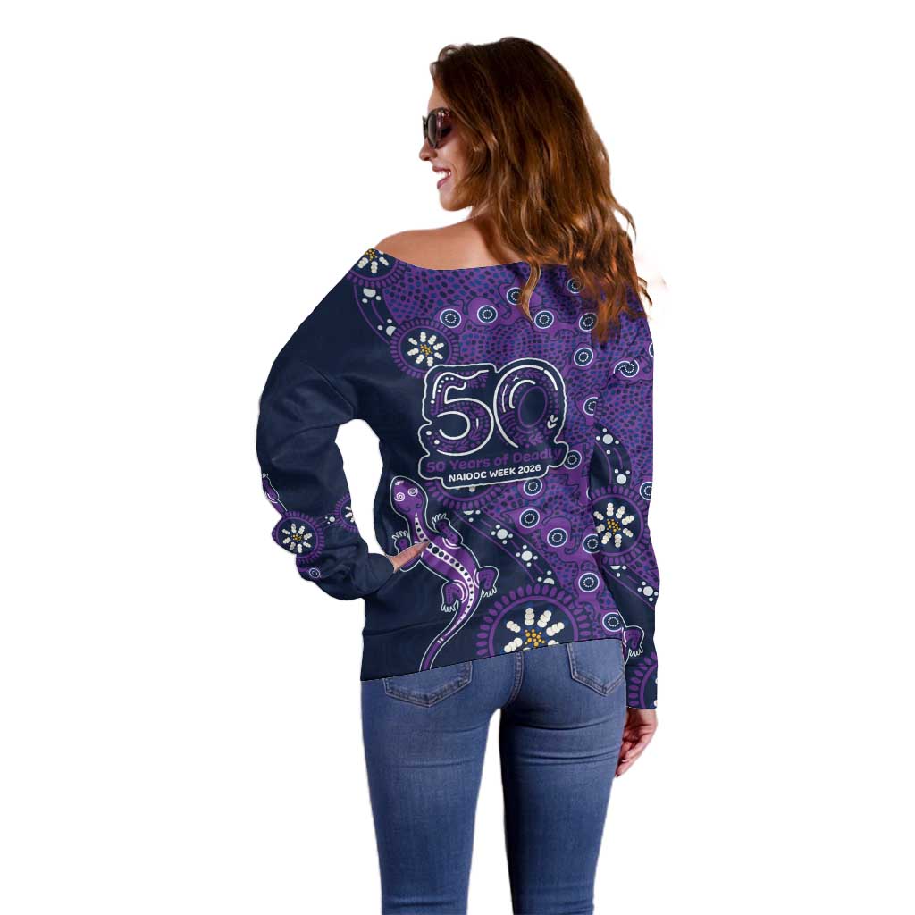 Melbourne Storm NAIDOC Week 2026 Off Shoulder Sweater Aboriginal Lizard Dot Painting - 50 Years of Deadly