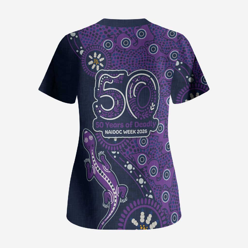 Melbourne Storm NAIDOC Week 2026 Scrub Top Aboriginal Lizard Dot Painting - 50 Years of Deadly