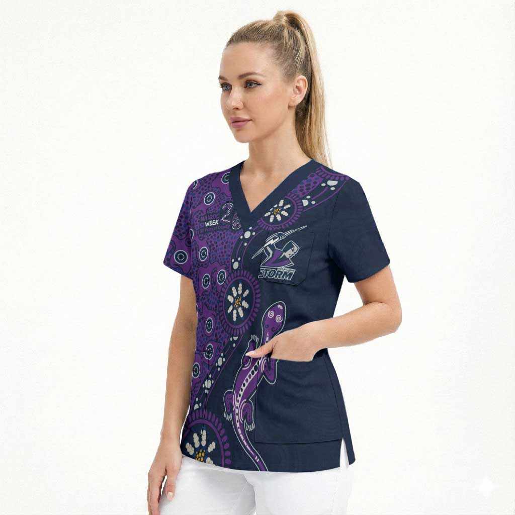 Melbourne Storm NAIDOC Week 2026 Scrub Top Aboriginal Lizard Dot Painting - 50 Years of Deadly