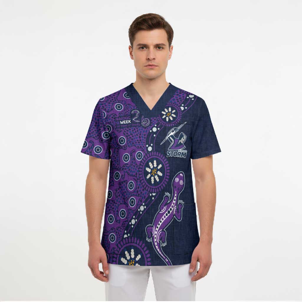 Melbourne Storm NAIDOC Week 2026 Scrub Top Aboriginal Lizard Dot Painting - 50 Years of Deadly
