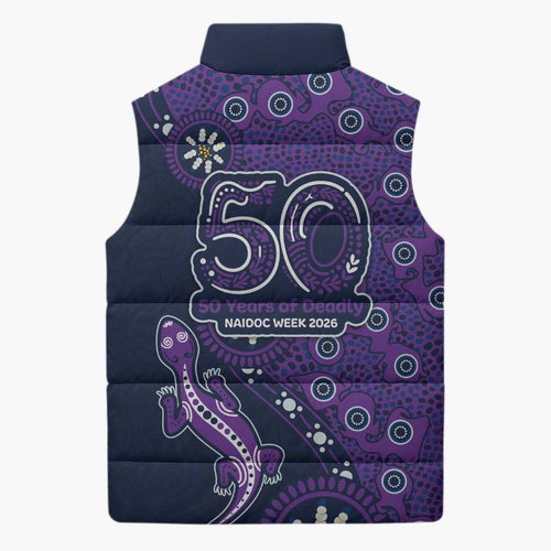 Melbourne Storm NAIDOC Week 2026 Sleeveless Puffer Jacket Aboriginal Lizard Dot Painting - 50 Years of Deadly