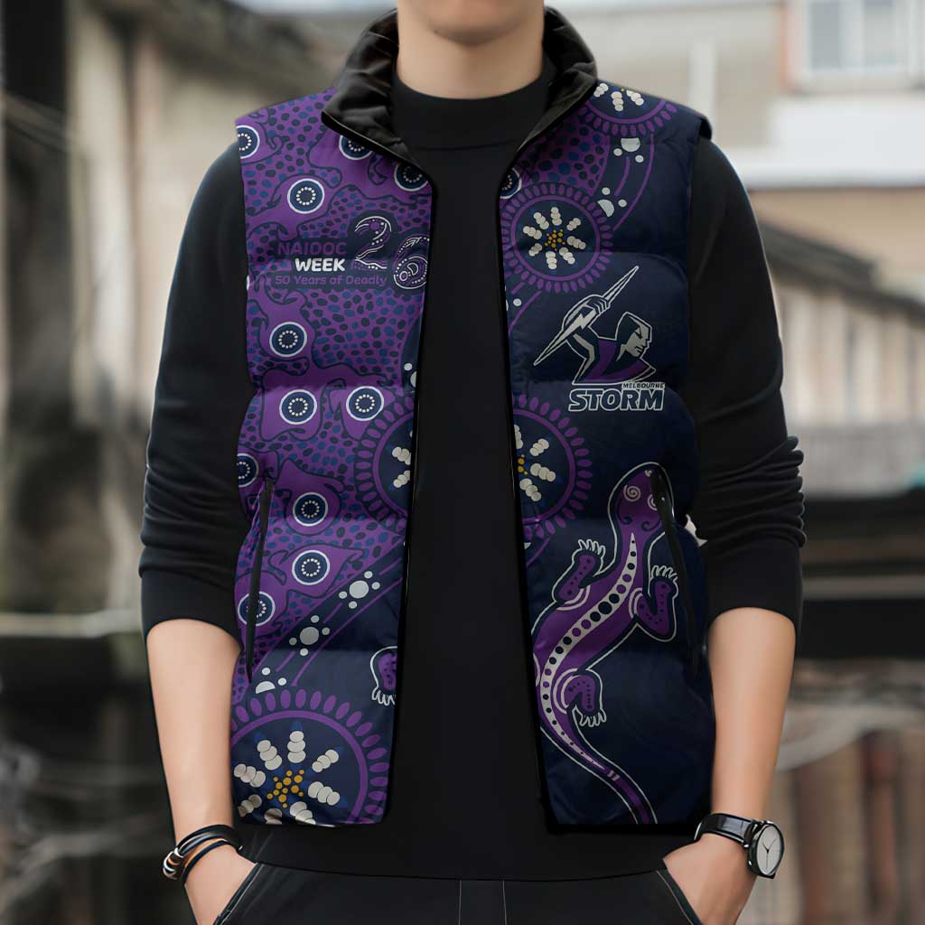 Melbourne Storm NAIDOC Week 2026 Sleeveless Puffer Jacket Aboriginal Lizard Dot Painting - 50 Years of Deadly