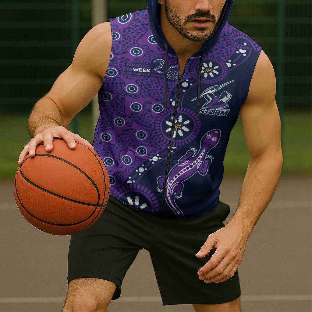 Melbourne Storm NAIDOC Week 2026 Sleeveless Zip Hoodie Aboriginal Lizard Dot Painting - 50 Years of Deadly