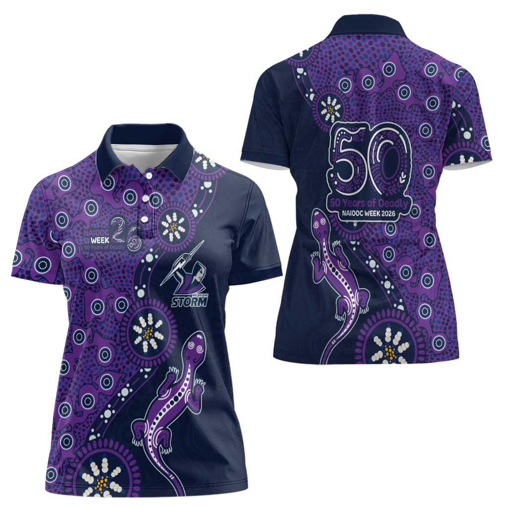 Melbourne Storm NAIDOC Week 2026 Women Polo Shirt Aboriginal Lizard Dot Painting - 50 Years of Deadly