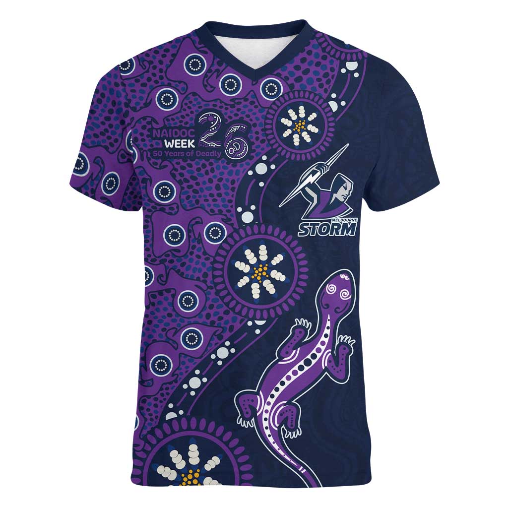 Melbourne Storm NAIDOC Week 2026 Women V-Neck T-Shirt Aboriginal Lizard Dot Painting - 50 Years of Deadly