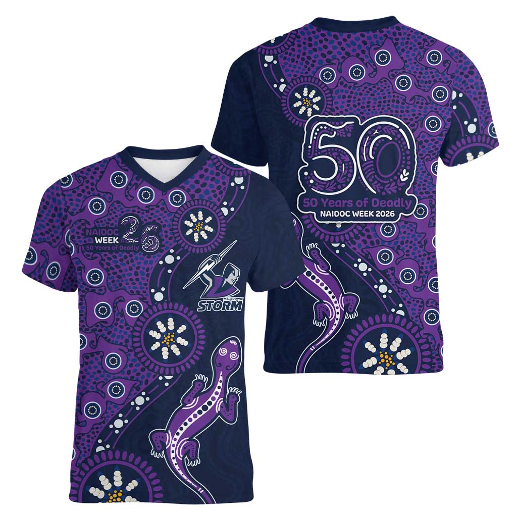 Melbourne Storm NAIDOC Week 2026 Women V-Neck T-Shirt Aboriginal Lizard Dot Painting - 50 Years of Deadly