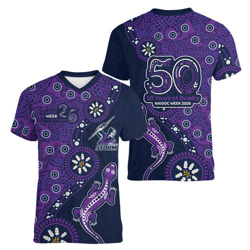 Melbourne Storm NAIDOC Week 2026 Women V-Neck T-Shirt Aboriginal Lizard Dot Painting - 50 Years of Deadly