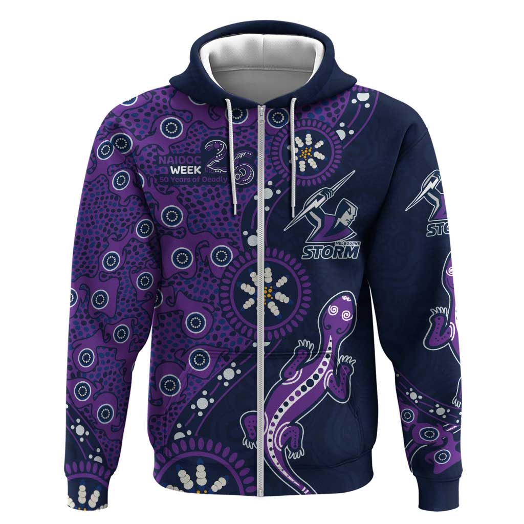 Melbourne Storm NAIDOC Week 2026 Zip Hoodie Aboriginal Lizard Dot Painting - 50 Years of Deadly