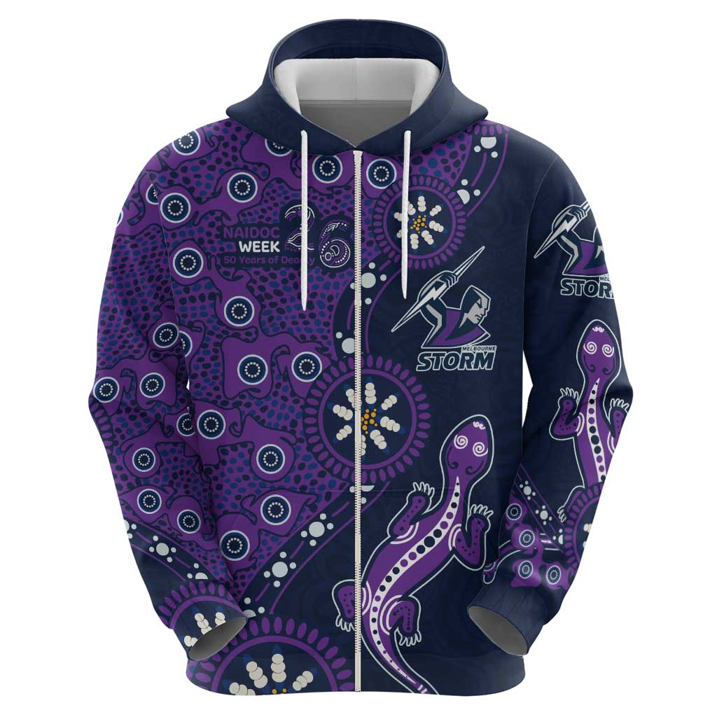 Melbourne Storm NAIDOC Week 2026 Zip Hoodie Aboriginal Lizard Dot Painting - 50 Years of Deadly
