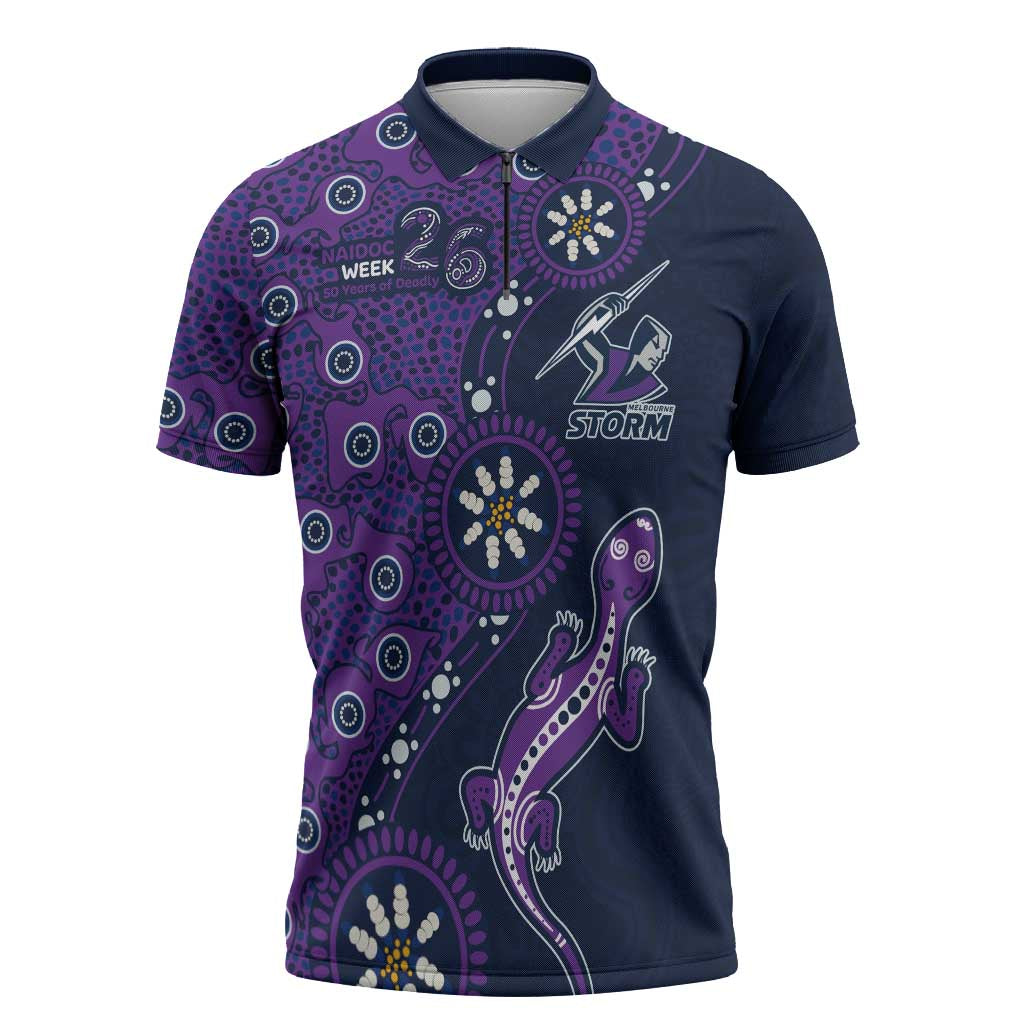 Melbourne Storm NAIDOC Week 2026 Zipper Polo Shirt Aboriginal Lizard Dot Painting - 50 Years of Deadly