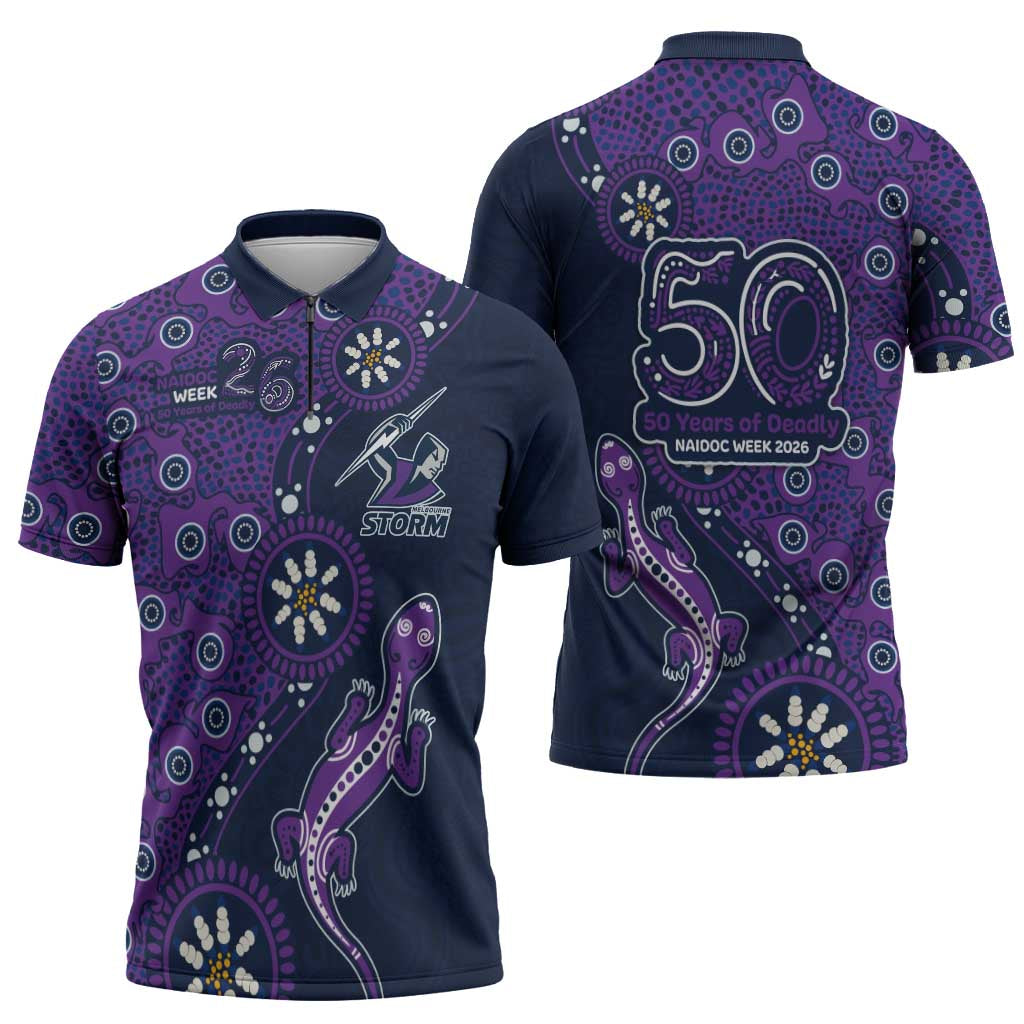 Melbourne Storm NAIDOC Week 2026 Zipper Polo Shirt Aboriginal Lizard Dot Painting - 50 Years of Deadly