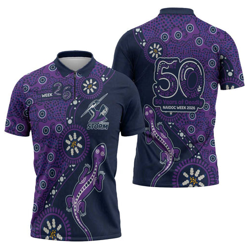 Melbourne Storm NAIDOC Week 2026 Zipper Polo Shirt Aboriginal Lizard Dot Painting - 50 Years of Deadly