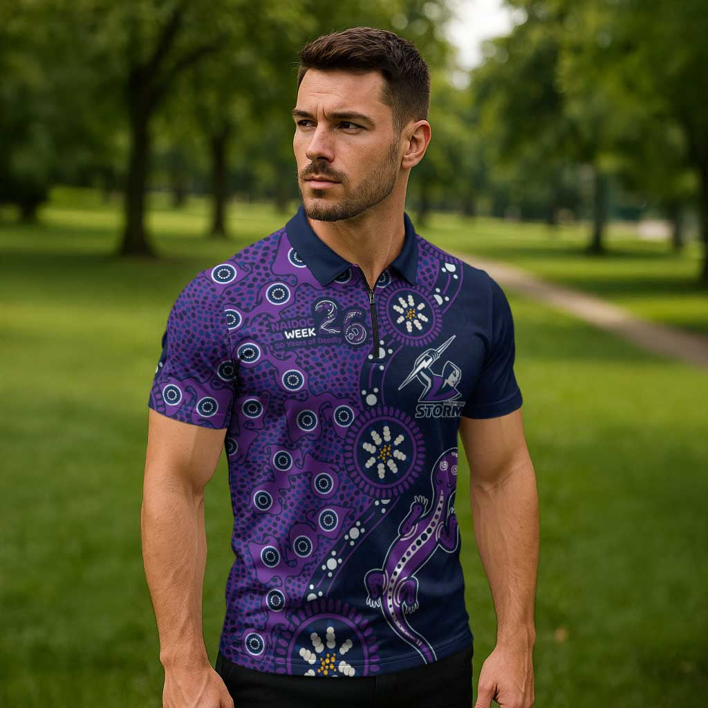 Melbourne Storm NAIDOC Week 2026 Zipper Polo Shirt Aboriginal Lizard Dot Painting - 50 Years of Deadly