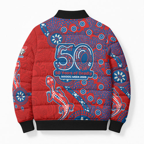 Newcastle Knights NAIDOC Week 2026 Bomber Puffer Jacket Aboriginal Lizard Dot Painting - 50 Years of Deadly