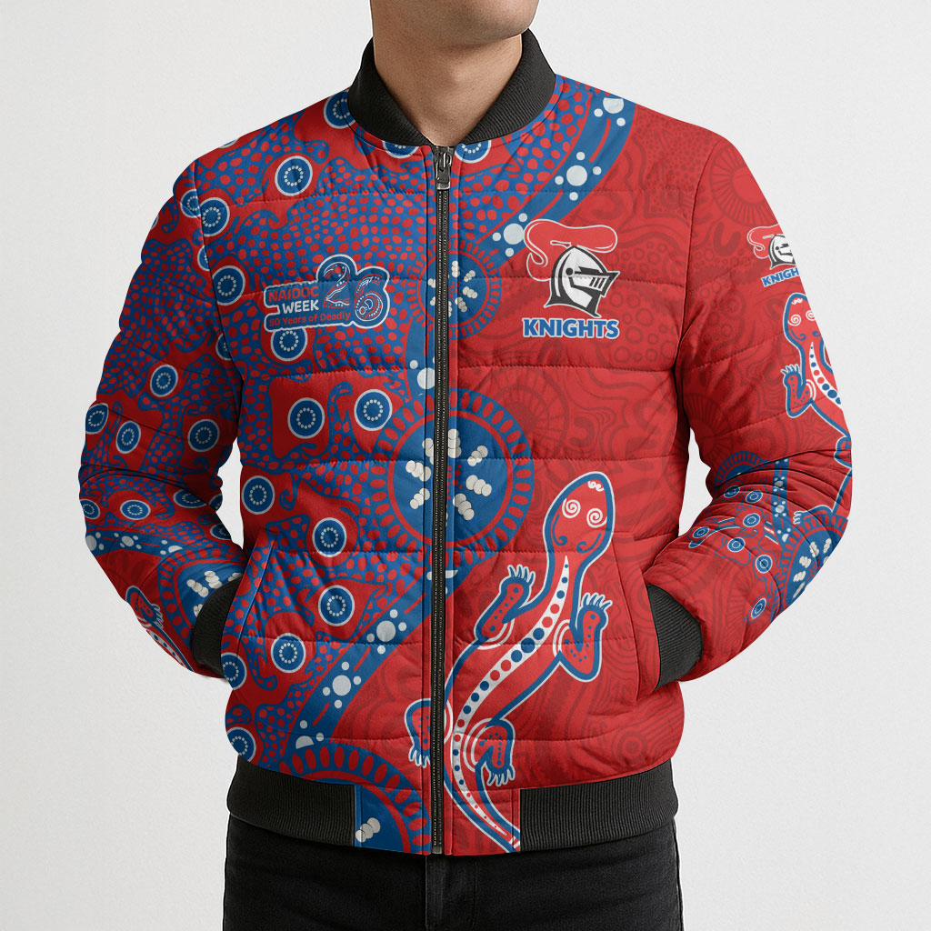 Newcastle Knights NAIDOC Week 2026 Bomber Puffer Jacket Aboriginal Lizard Dot Painting - 50 Years of Deadly