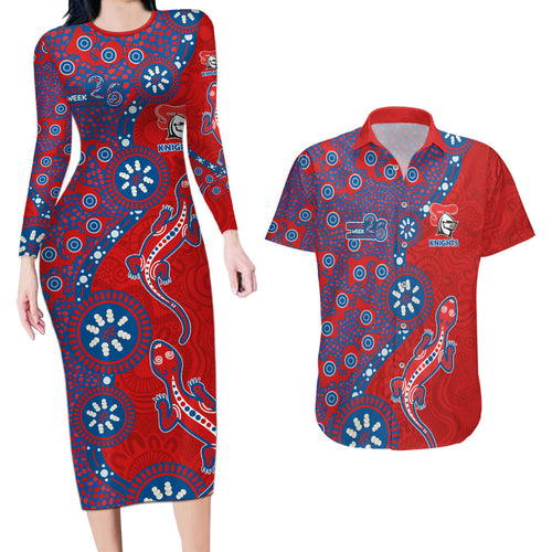 Newcastle Knights NAIDOC Week 2026 Couples Matching Long Sleeve Bodycon Dress and Hawaiian Shirt Aboriginal Lizard Dot Painting - 50 Years of Deadly