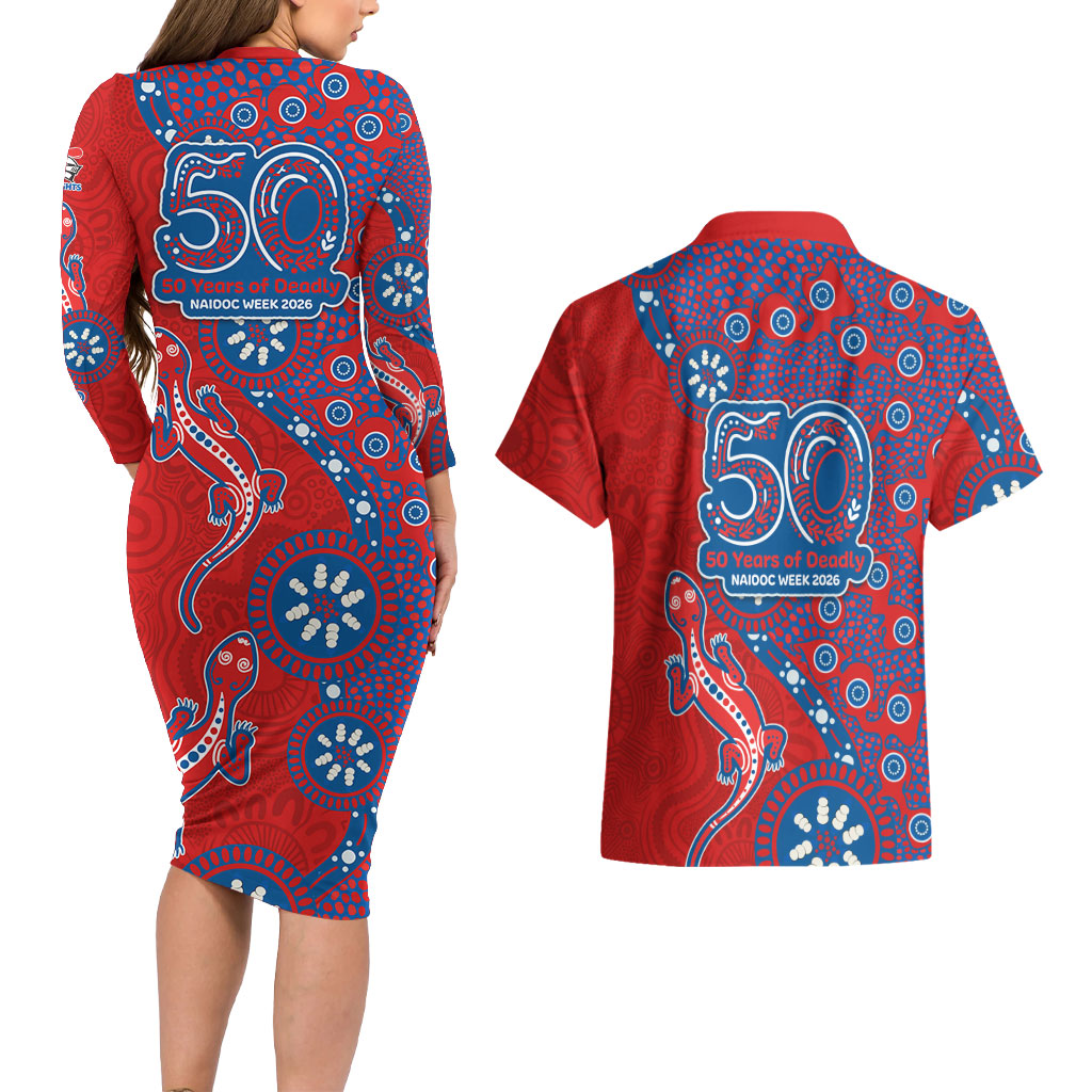 Newcastle Knights NAIDOC Week 2026 Couples Matching Long Sleeve Bodycon Dress and Hawaiian Shirt Aboriginal Lizard Dot Painting - 50 Years of Deadly
