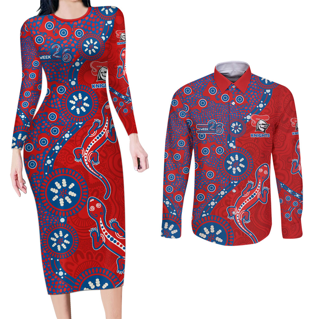 Newcastle Knights NAIDOC Week 2026 Couples Matching Long Sleeve Bodycon Dress and Long Sleeve Button Shirt Aboriginal Lizard Dot Painting - 50 Years of Deadly