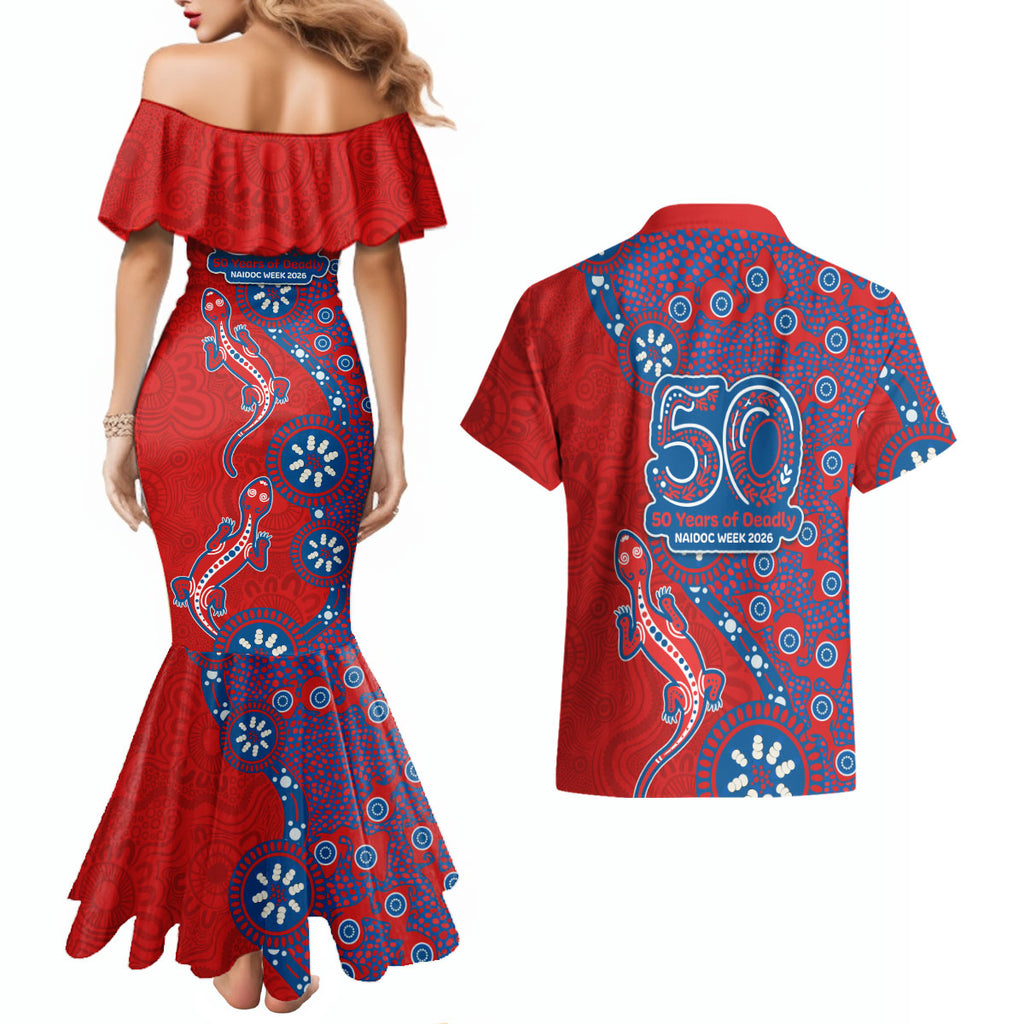 Newcastle Knights NAIDOC Week 2026 Couples Matching Mermaid Dress and Hawaiian Shirt Aboriginal Lizard Dot Painting - 50 Years of Deadly