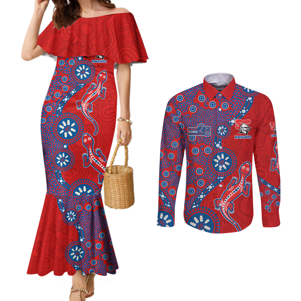 Newcastle Knights NAIDOC Week 2026 Couples Matching Mermaid Dress and Long Sleeve Button Shirt Aboriginal Lizard Dot Painting - 50 Years of Deadly